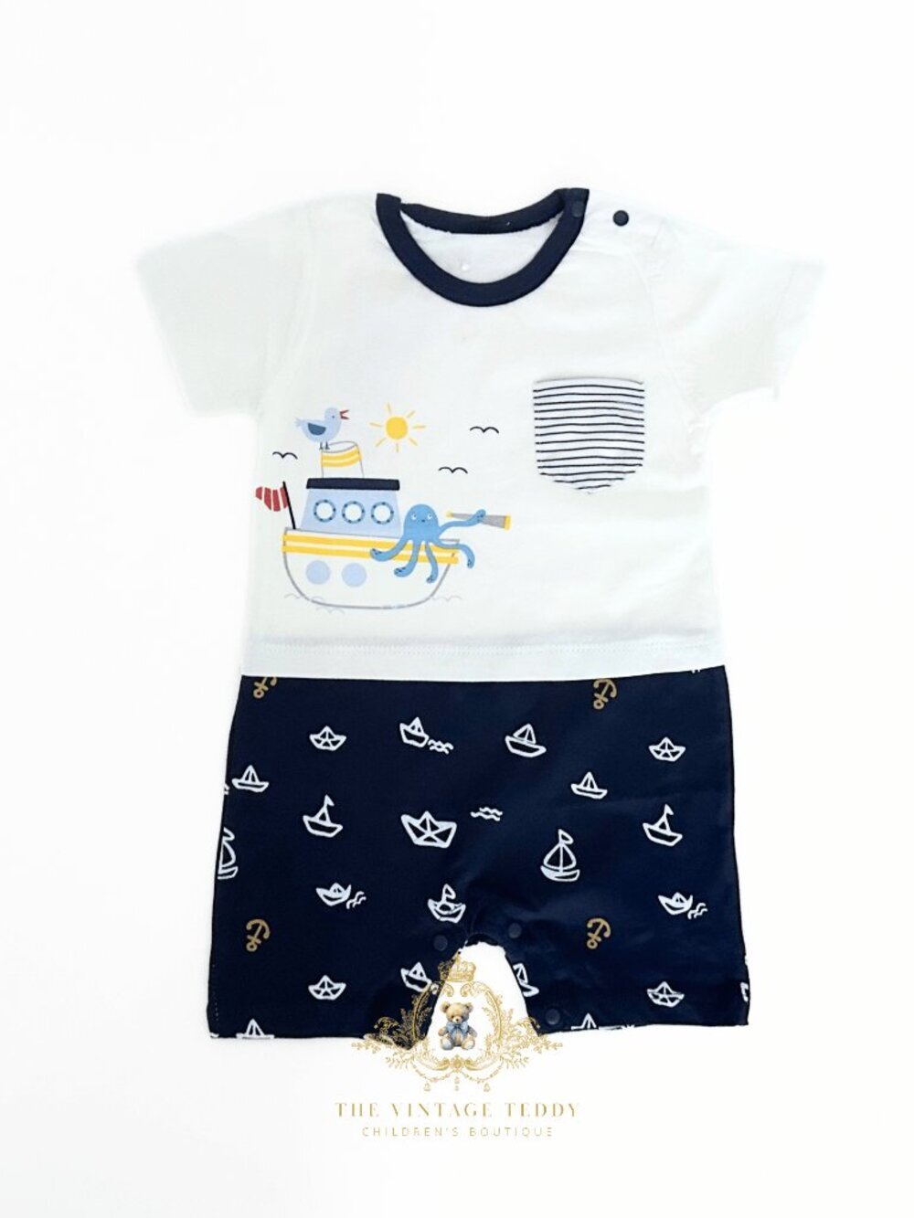 NWT Cute Boys One-piece Sleep N' Play Romper Tugboat Octopus Seagull Navy 0-3M